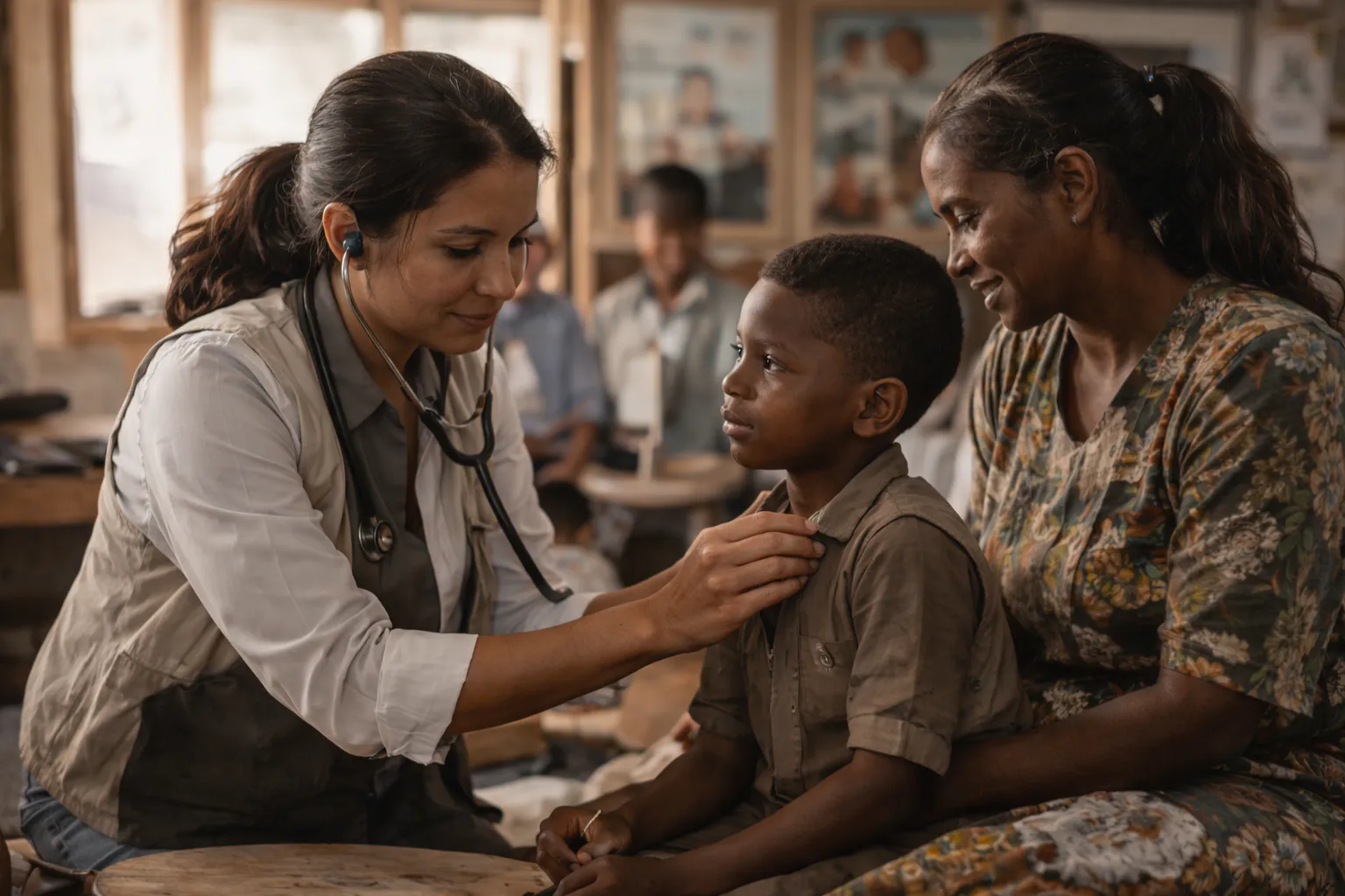 Potter’s Gate Charities volunteer listening to a young boy’s heartbeat during a community healthcare visit while his mother looks on.