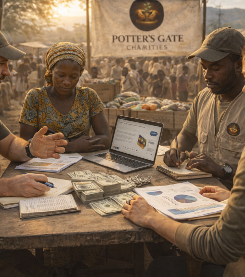 Potter’s Gate Charities team meeting with local community leaders and partners in a rural setting, reflecting collaboration, shared planning, and community impact.